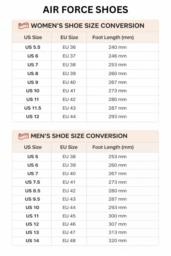 Air Force Shoes Size Chart - Black Clover Gifts